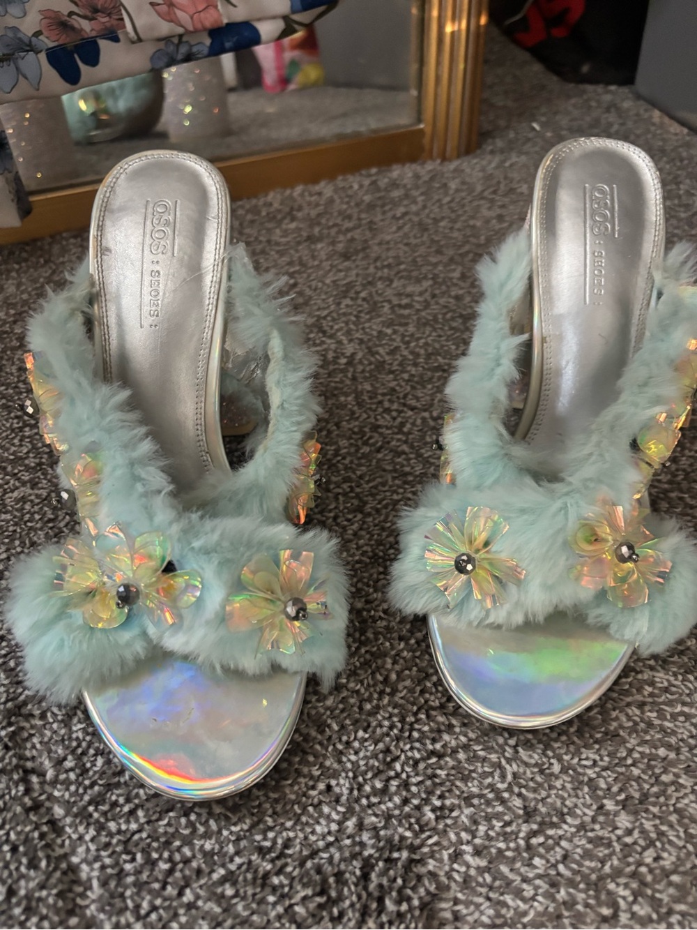 ASOS Mint Faux-Fur Iridescent Floral Slide Heels